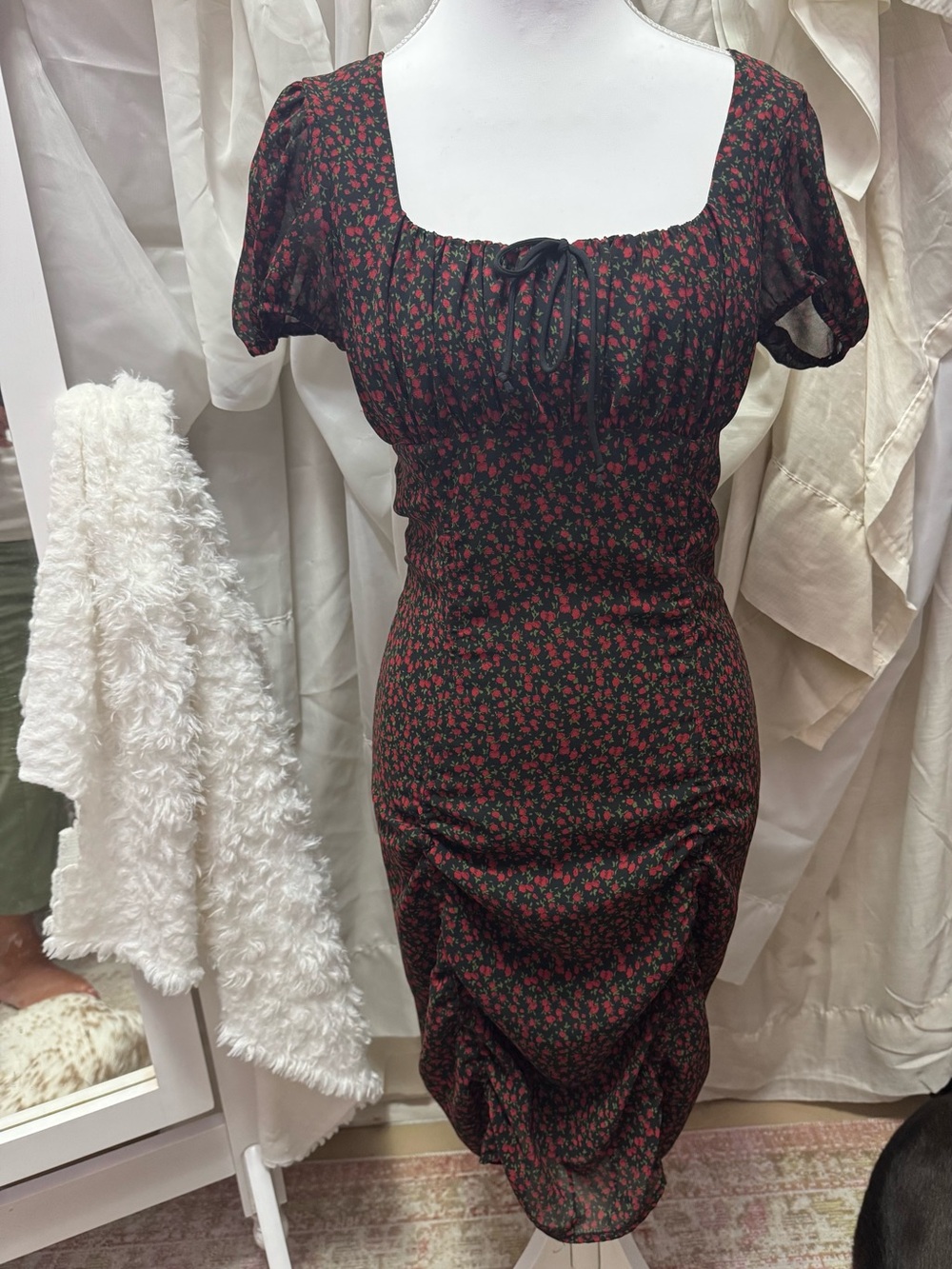 Cotton Candy LA Black Midi Dress with Red Floral Motif*
